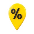 Yellow location map pin gps pointer markers illustration for destination. Black percent symbol in placemark location. 3d rendering