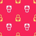 Yellow Lock and heart icon isolated seamless pattern on red background. Locked Heart. Love symbol and keyhole sign Royalty Free Stock Photo