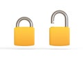 Yellow locked and unlocked padlocks isolated on a white background Royalty Free Stock Photo