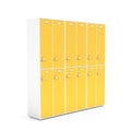 Yellow lockers with closed doors. Two row section of lockers for schoool or gym Royalty Free Stock Photo