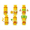 Yellow long candy package cartoon character with cute emoticon bring money Royalty Free Stock Photo