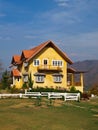 Yellow lovely house and blue sky in pai, mae hong