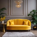 Yellow loveseat sofa in classic room. Art deco home interior design of modern living room