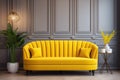 Yellow loveseat sofa in classic room. Art deco home interior design of modern living room