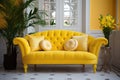 Yellow loveseat sofa in classic room. Art deco home interior design of modern living room