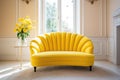 Yellow loveseat sofa in classic room. Art deco home interior design of modern living room