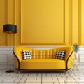 Yellow loveseat sofa in classic room. Art deco home interior design of modern living room