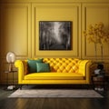 Yellow loveseat sofa in classic room. Art deco home interior design of modern living room