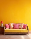 Yellow loveseat sofa with multicolored cushions in mexican style empty wall mock up with copy space. Generative AI