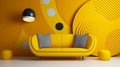 Yellow loveseat sofa and side tables against of colorful circle patterned wall. living generative ai