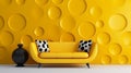 Yellow loveseat sofa and side tables against of colorful circle patterned wall. living generative ai