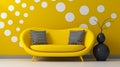 Yellow loveseat sofa and side tables against of colorful circle patterned wall. living generative ai