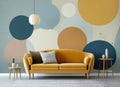 Yellow loveseat sofa and side tables against of colorful circle patterned wall. Mid century interior design of modern living room Royalty Free Stock Photo