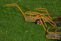 Yellow luggage carts standing in the grass