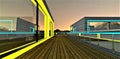 Yellow luminous frame of the glass door to the night fenced terrace with wooden floor. Looks amazing with starry sky. 3d rendering