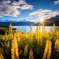 Yellow lupines at Lake Wakatipu Royalty Free Stock Photo