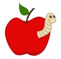 A yellow maggot coming out of a ripe red apple