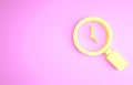 Yellow Magnifying glass with clock icon isolated on pink background. Minimalism concept. 3d illustration 3D render