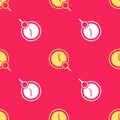 Yellow Magnifying glass with clock icon isolated seamless pattern on red background. Clock search. Vector
