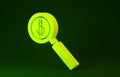 Yellow Magnifying glass and dollar symbol icon isolated on green background. Find money. Looking for money. Minimalism
