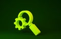 Yellow Magnifying glass and gear icon isolated on green background. Search gear tool. Business analysis symbol