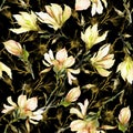 Yellow magnolia flowers on a twig on black; background. Seamless pattern. Watercolor painting. Hand drawn.