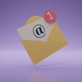 Yellow Mail or E-mail isolated on purple background. Mail envelope icon. Mail notification with red marker One Message. Delivery Royalty Free Stock Photo