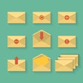 Yellow mail icon set in flat design style