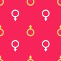 Yellow Male gender symbol icon isolated seamless pattern on red background. Vector