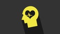 Yellow Male head with a heartbeat icon isolated on grey background. Head with mental health, healthcare and medical sign
