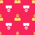 Yellow Man face in a medical protective mask icon isolated seamless pattern on red background. Quarantine. Vector Royalty Free Stock Photo