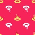 Yellow Man hat with ribbon icon isolated seamless pattern on red background. Vector Royalty Free Stock Photo