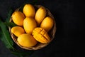 Yellow Mango Beautiful skin In the basket Blackboard background Royalty Free Stock Photo
