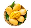 Yellow mango Beautiful skin In the basket In white background