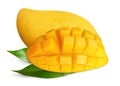 Yellow mango with leaves isolated on white background