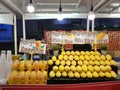 yellow mango and mango smoothie display on shelves