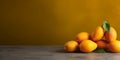 Yellow mango organic fruit wooden table copy space blurred background