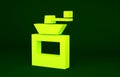 Yellow Manual coffee grinder icon isolated on green background. Minimalism concept. 3d illustration 3D render