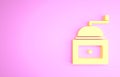 Yellow Manual coffee grinder icon isolated on pink background. Minimalism concept. 3d illustration 3D render