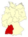 Yellow map of Germany with federal state Baden-WÃÂ¼rttemberg isolated in red.