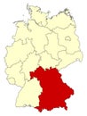 Yellow map of Germany with federal state Bavaria isolated in red.