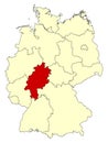 Yellow map of Germany with federal state Hesse isolated in red.