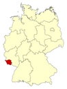 Yellow map of Germany with federal state Saarland isolated in red.