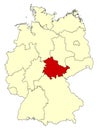 Yellow map of Germany with federal state Thuringia isolated in red.