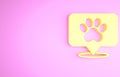 Yellow Map pointer with veterinary medicine hospital, clinic or pet shop for animals icon isolated on pink background