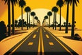 Yellow markings on a deserted highway and palm trees in an avenue