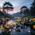 Yellow marsh marigolds floating on tranquil water at dusk vactor isolated on a transparent background Royalty Free Stock Photo