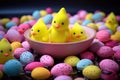 Yellow marshmallow chicks Easter peeps in a pink plate with colorful chocolate eggs