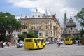 Yellow mini buses on the streets of Lviv in Ukraine