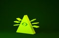 Yellow Masons symbol All-seeing eye of God icon isolated on green background. The eye of Providence in the triangle